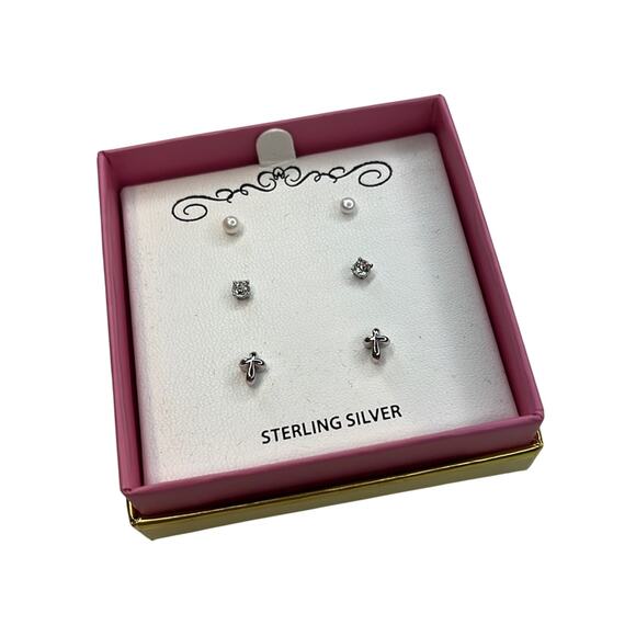 Beautiful Triple Earring Set, White & Silver, Sterling Silver Crosses, NWT! - Picture 1 of 5